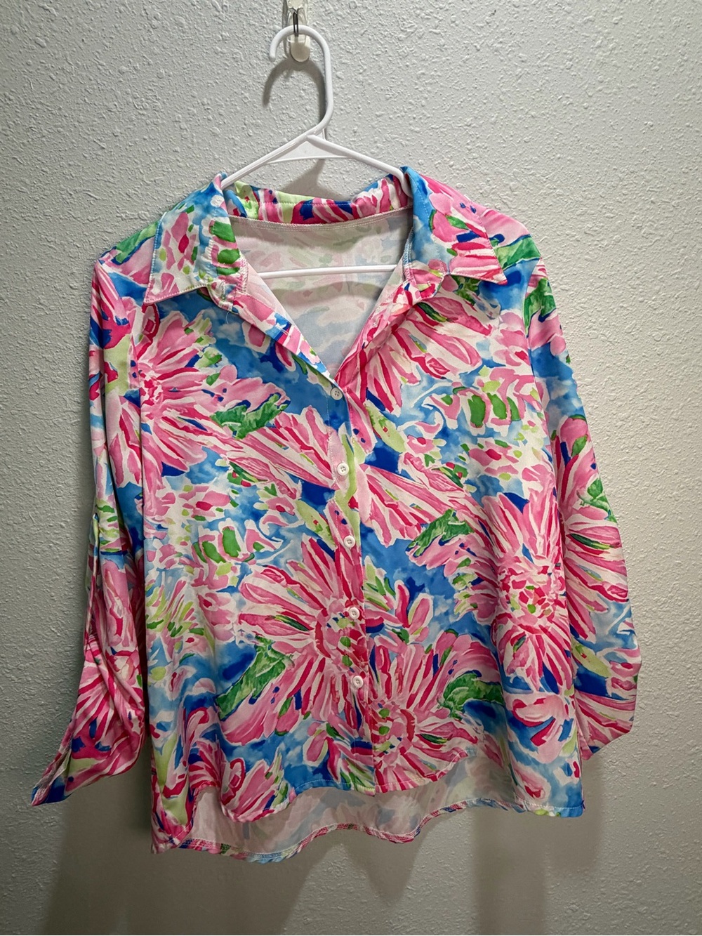 SHEIN Pink Floral Button-Down Shirt with Blue and Green Accents